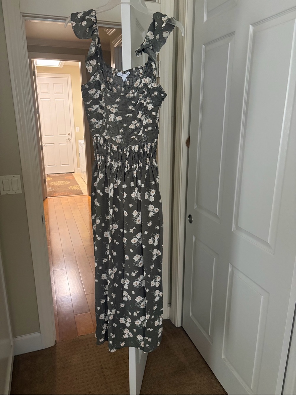Smocked Floral Maxi Dress with Tie Straps - Sage Green Cream